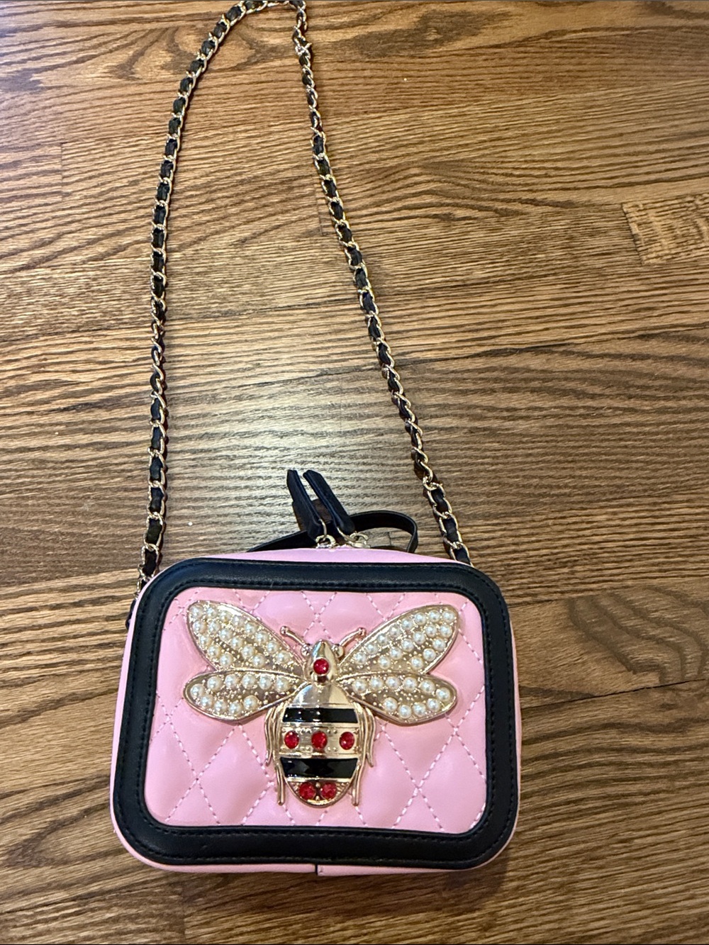 Chloe K Pink Quilted Crossbody Bag with Crystal Bee Accent